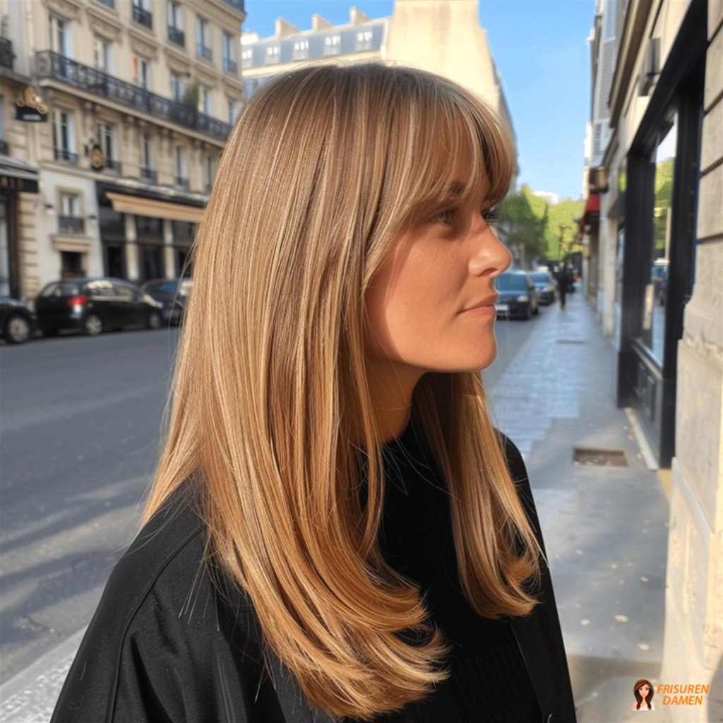 Braune Haarfarbe für Frauen mit glattem Langhaar, Pony und klarer, eleganter Wirkung