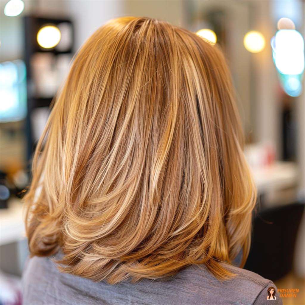 Braune Haarfarbe für Frauen mit goldblonder Balayage, warmem Schimmer und elegantem Verlauf