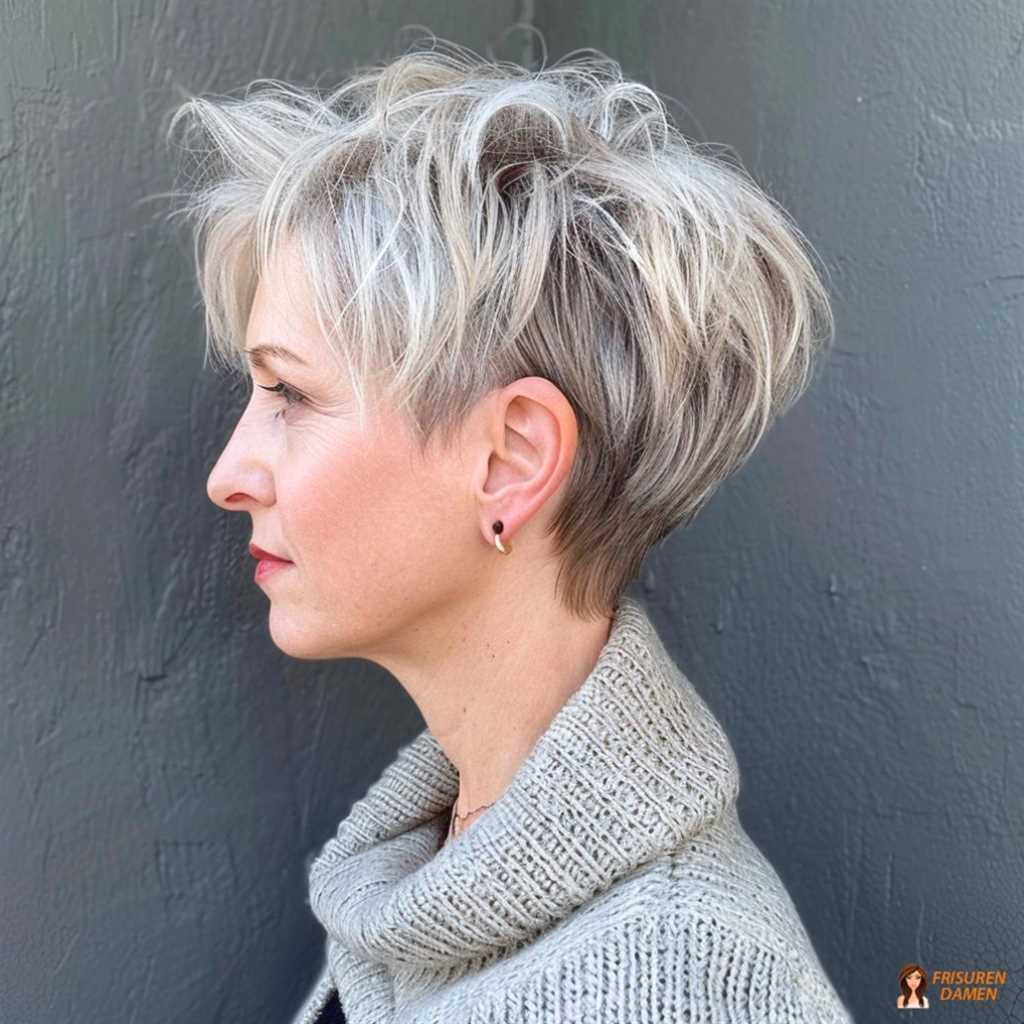 Graue Stufenfrisur für Frauen ab 60 ohne Brille mit mehr Volumen