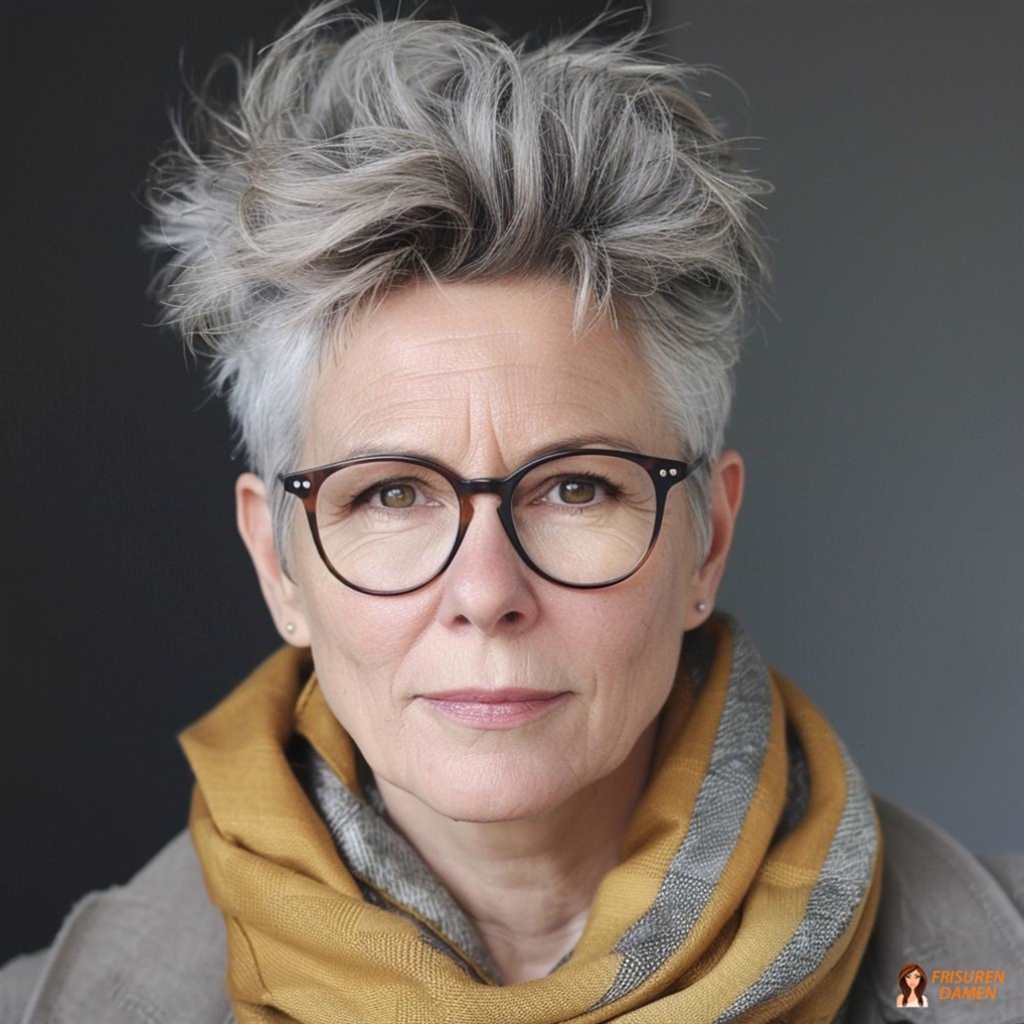 Selbstbewusster grauer Look für Frauen ab 70 mit klarer, weicher Linienführung