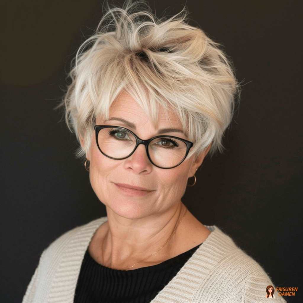Halblange Frisur ab 60 mit Brille für Frauen, weich fallend und modern