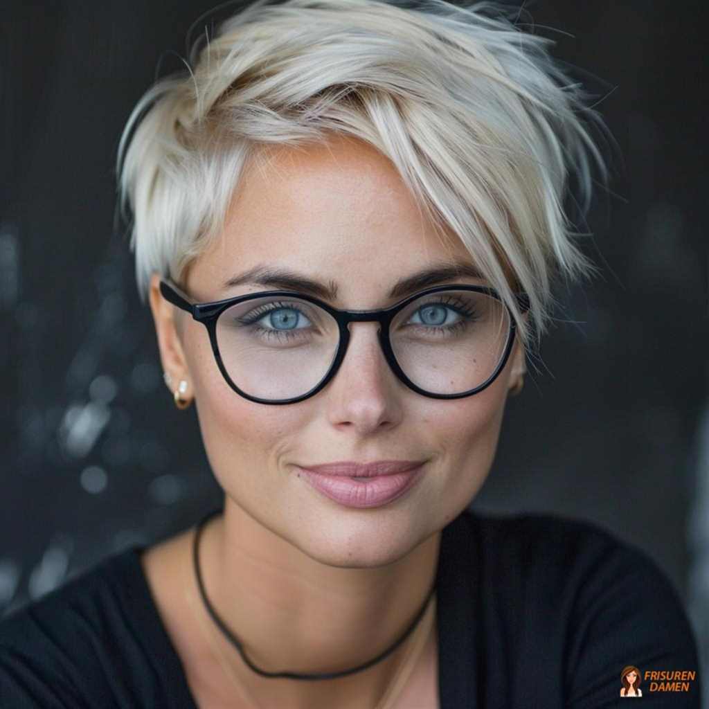 Klassischer Pixie für Frauen ab 60 mit Brille, klar und schmeichelhaft