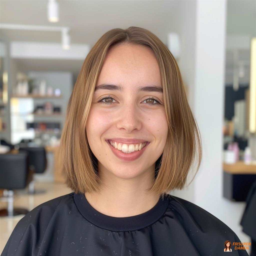 Braune Haarfarbe für Frauen im Bob mit Mittelscheitel, klarer Form und gepflegtem Finish