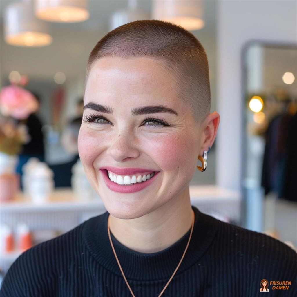 Klassischer Buzz Cut mit femininer Note durch weiche Kontur und sanftes Styling