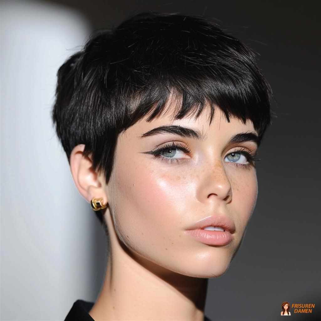 Klassischer dunkelbrauner Pixie-Cut für Damen mit starker, klarer Kontur