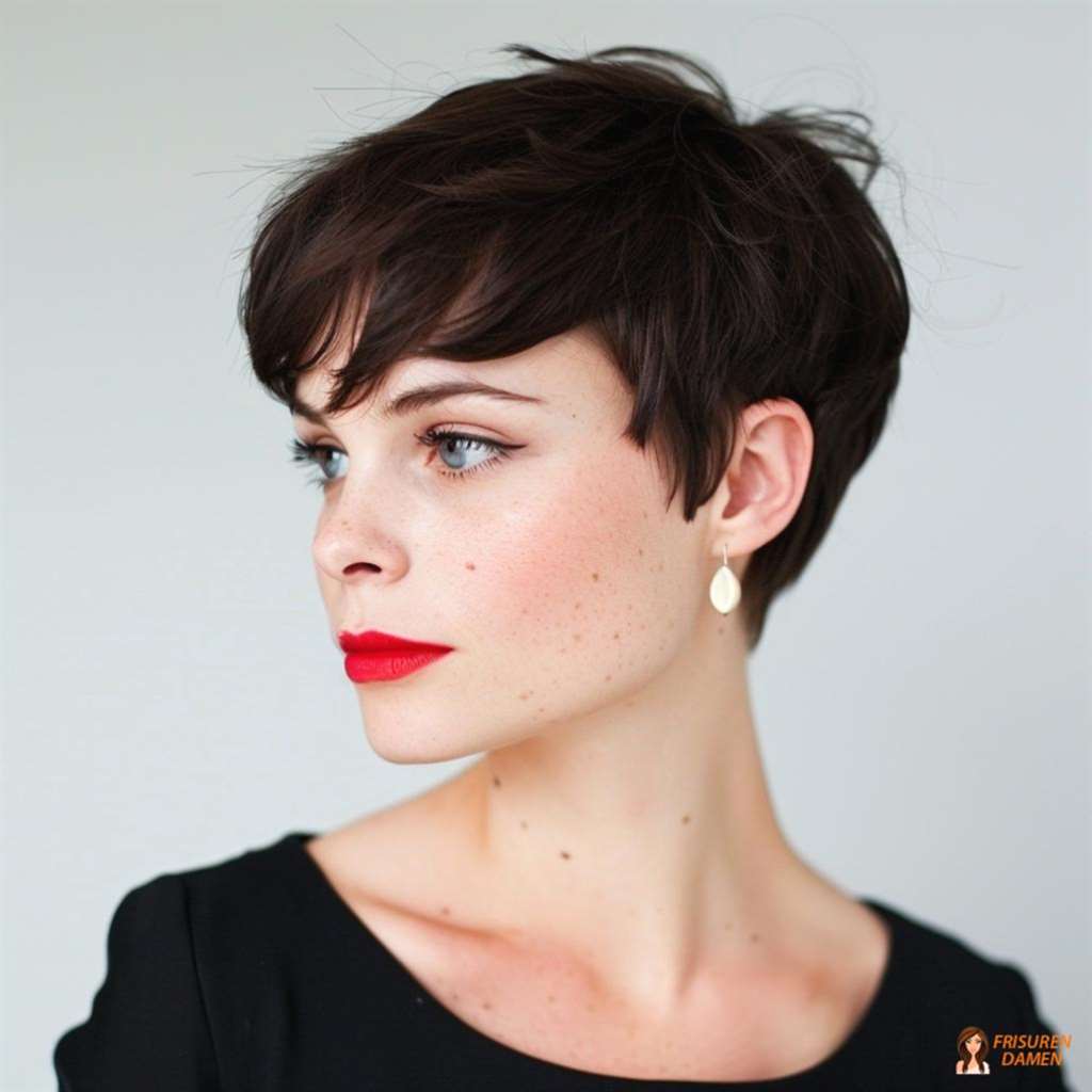 Klassischer dunkler Pixie Cut für Damen mit starker Kontur