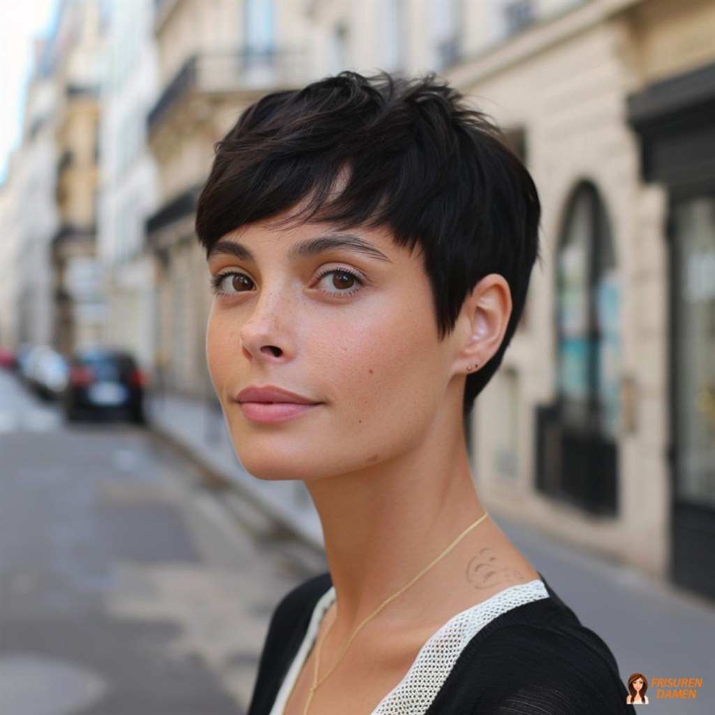 Dunkler Pixie Cut für Damen mit klassischer Wirkung und natürlicher Ausstrahlung