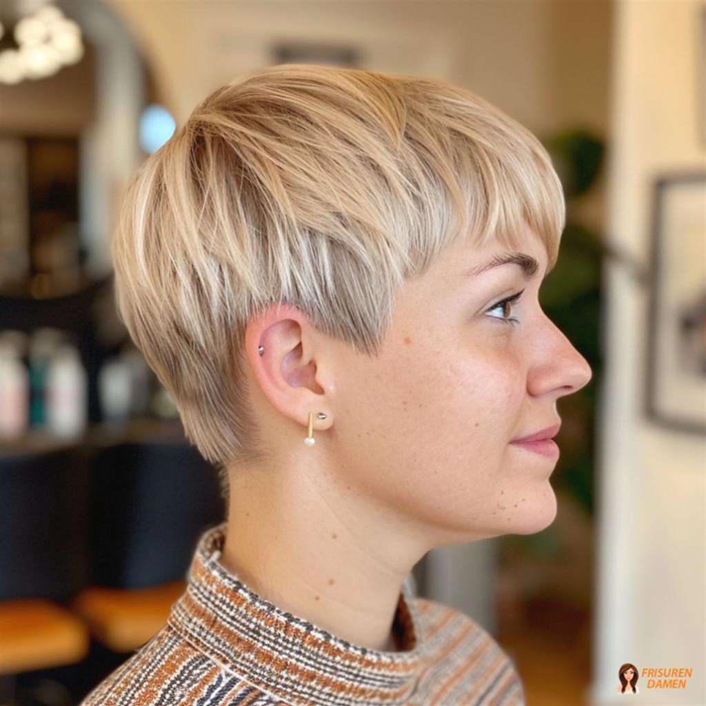Kurzhaarschnitt für Frauen mit aufgebautem Volumen, stabiler Form und optisch dichterem Haarbild