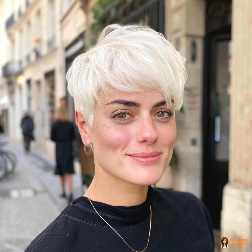 Platinblonder Pixie für Damen mit klarer Linie und edlem Effekt