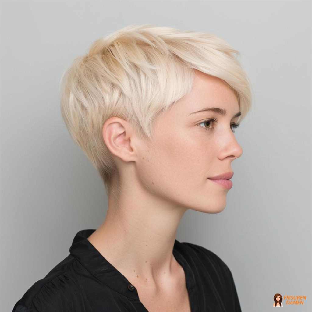 Klassischer platinblonder Pixie Cut mit klarer Silhouette