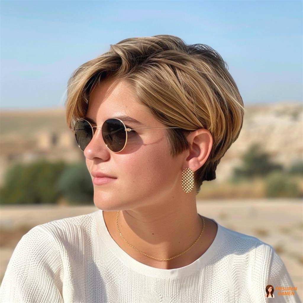 Klassischer Undercut Pixie für Damen, stufiger Kurzhaarschnitt mit klarer Linie