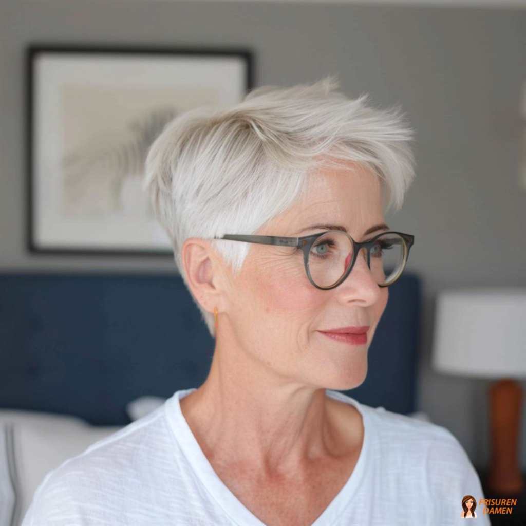 Klassischer weißer Pixie mit Brille für ältere Frauen
