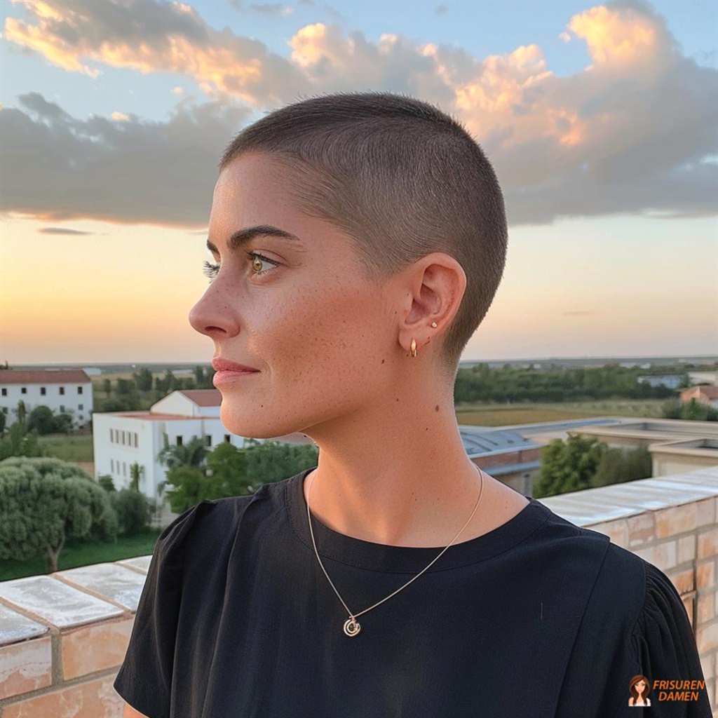 Sehr kurzer, rasierter Buzz Cut mit kühler, selbstbewusster Ausstrahlung