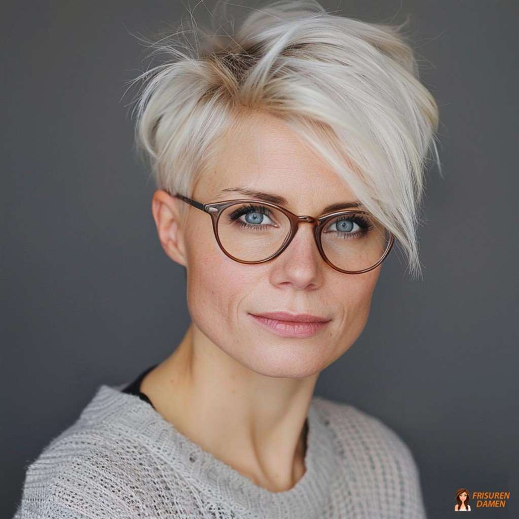Frecher Kurzschnitt ab 60 mit kühlem Blondton und moderner Textur für einen frischen, klaren Look