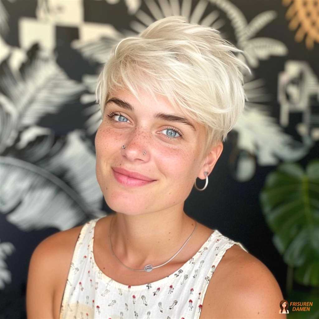 Kühner platinblonder Pixie Cut mit klarer Silhouette