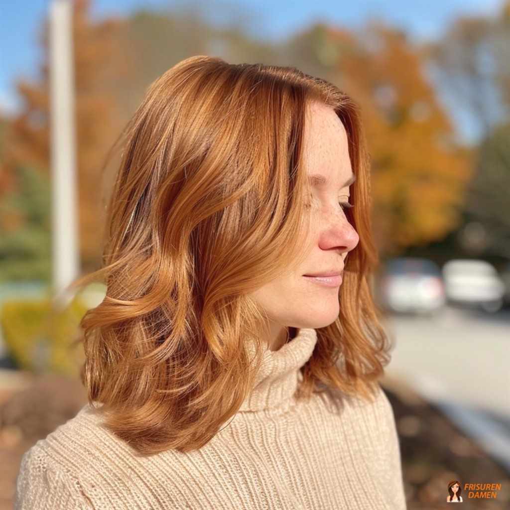 Kupferbraune Haarfarbe für Frauen im welligen Bob mit warmem Schimmer und schmeichelndem Effekt