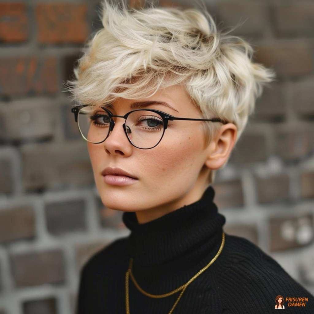 Blonder Kurzhaarschnitt für Frauen ab 60 mit Brille und freundlicher Ausstrahlung