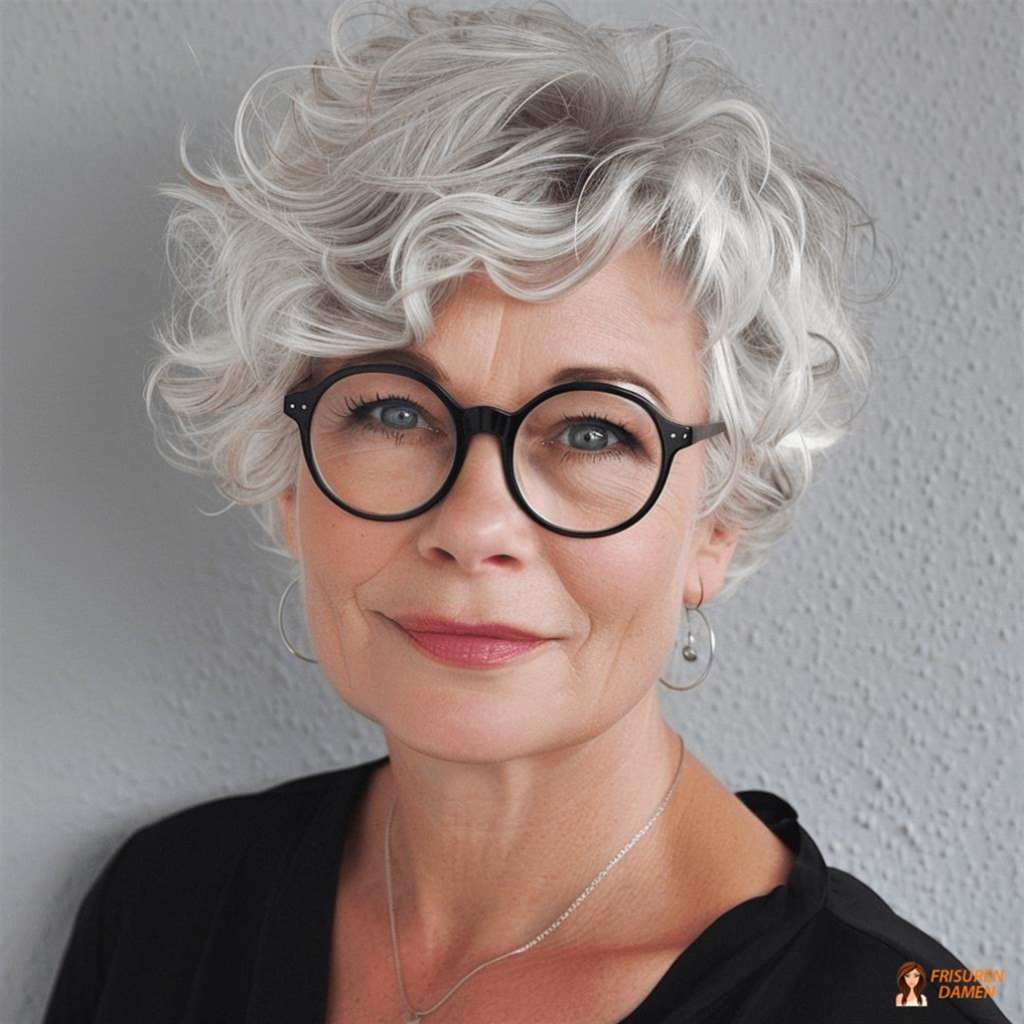 Kurze freche Frisur mit grauen Locken ab 60