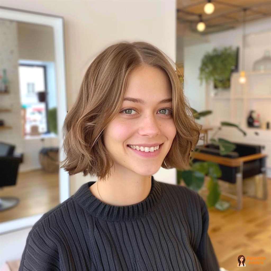 Braune Haarfarbe für Frauen mit kurzem Schnitt, lockeren Wellen und frischem Alltags-Effekt