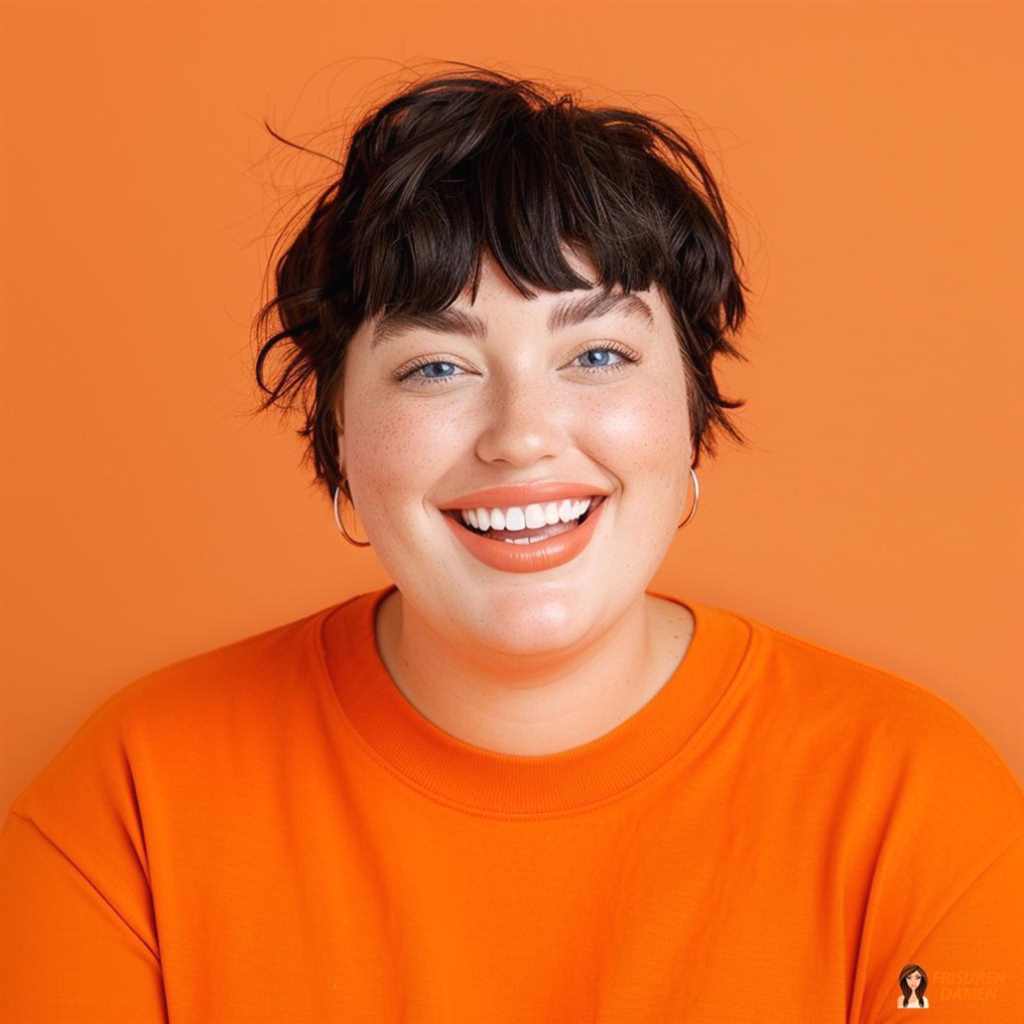 Kurzer Lockenkopf mit Pony für mollige Frauen, Fokus auf Augen und frischer Look