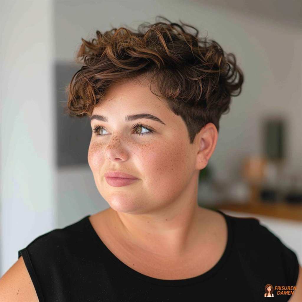 Kurzer lockiger Pixie für mollige Frauen, mutig und weich durch Locken
