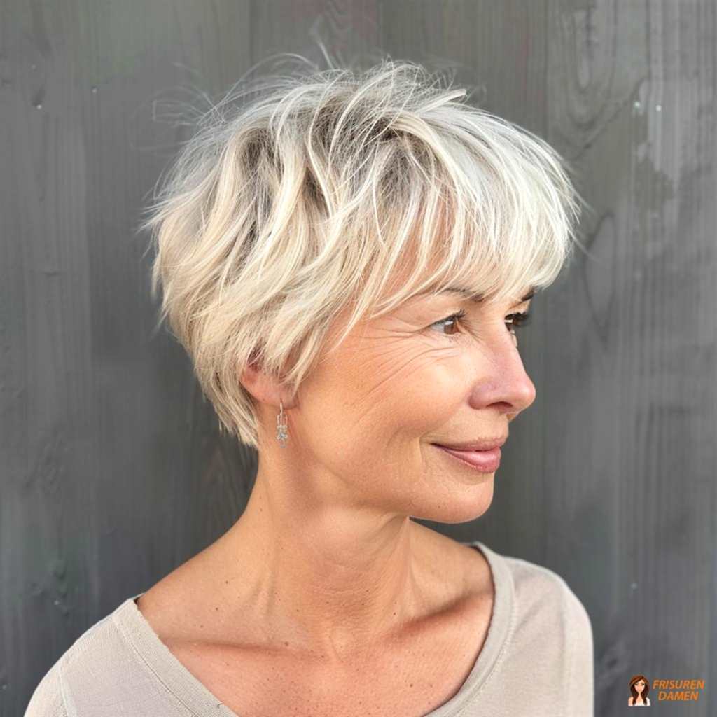 Kurzer Platin-Schnitt für Frauen ab 60 ohne Brille mit klarer Linienführung