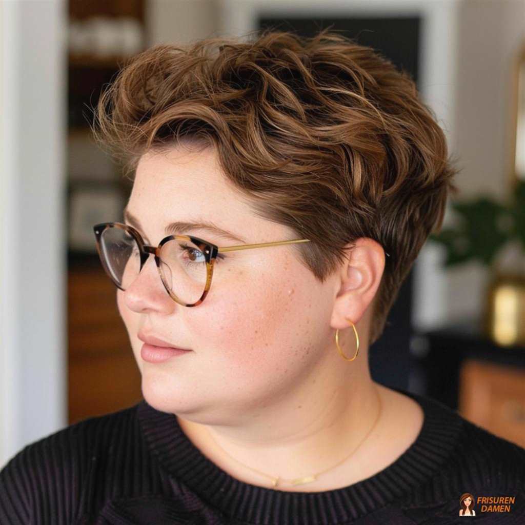 Kurzer Shaggy-Schnitt für mollige Frauen, lässige Form und leichte Kontur