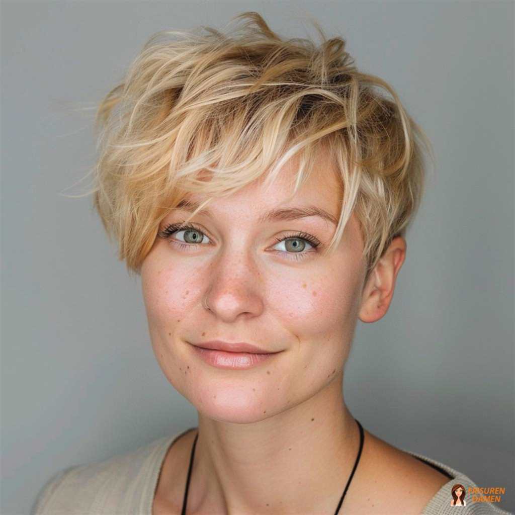Pixie mit fransigem Pony, der die Front weich macht und besonders gut zu Brille passt