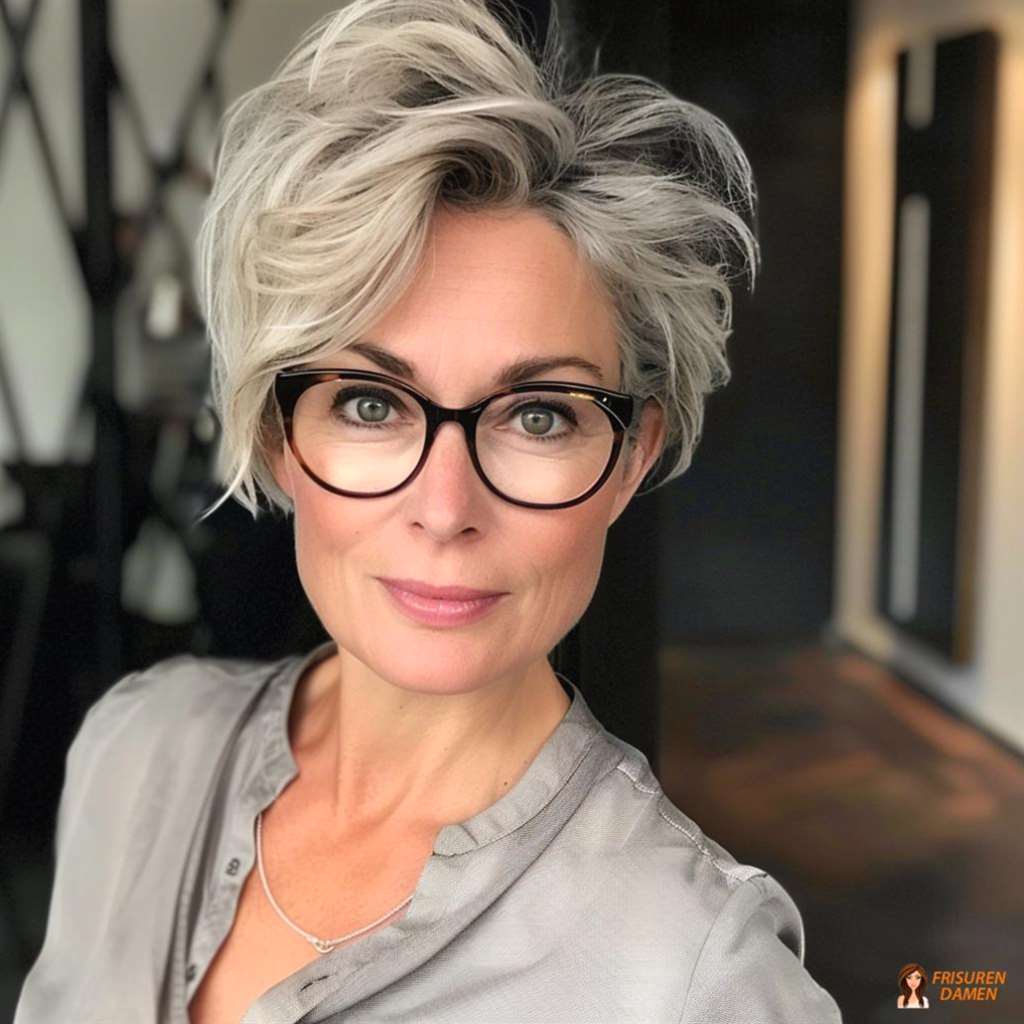 Lässig-elegante Frisur für Frauen ab 60 mit Brille und natürlicher Bewegung