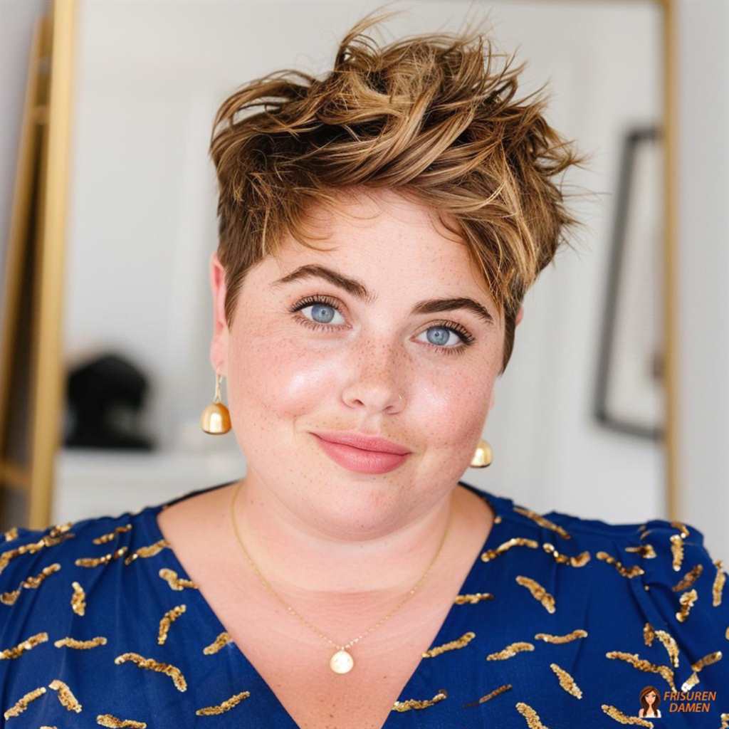 Lässiger Pixie-Cut mit hellen Akzenten für mollige Frauen, frischer Lift-Effekt
