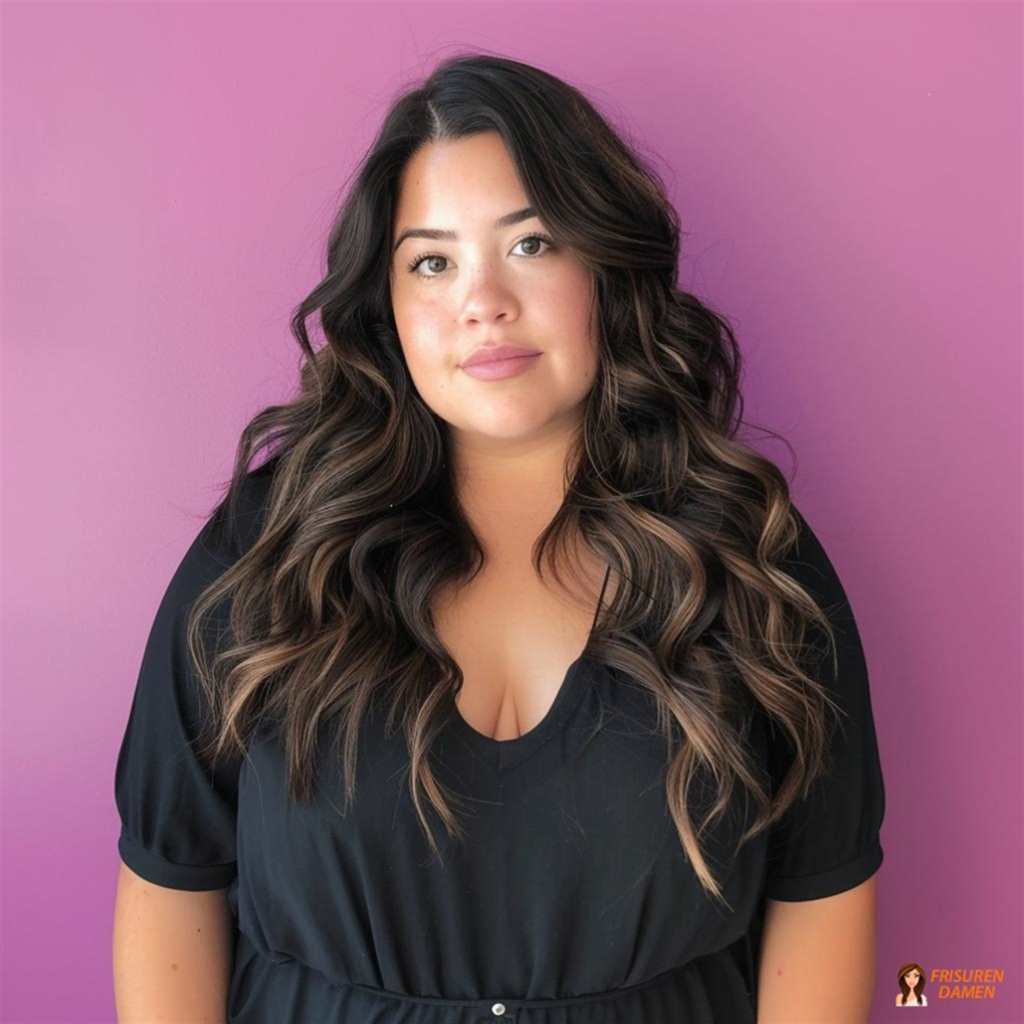 Lange lockige Wellen für mollige Frauen, Länge als Streck-Effekt mit ruhigem Ansatz