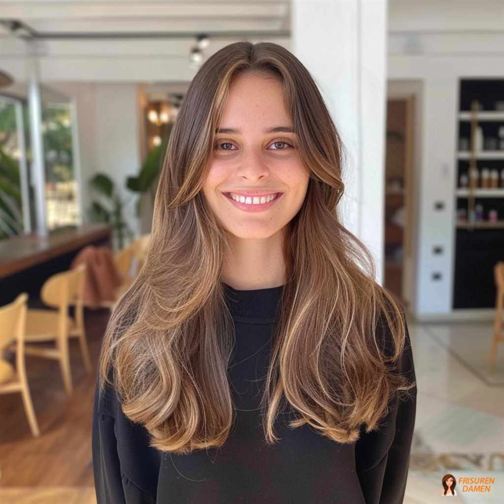 Braune Haarfarbe für Frauen mit langen Schichten, Vorhangpony und weichem Lifting-Effekt