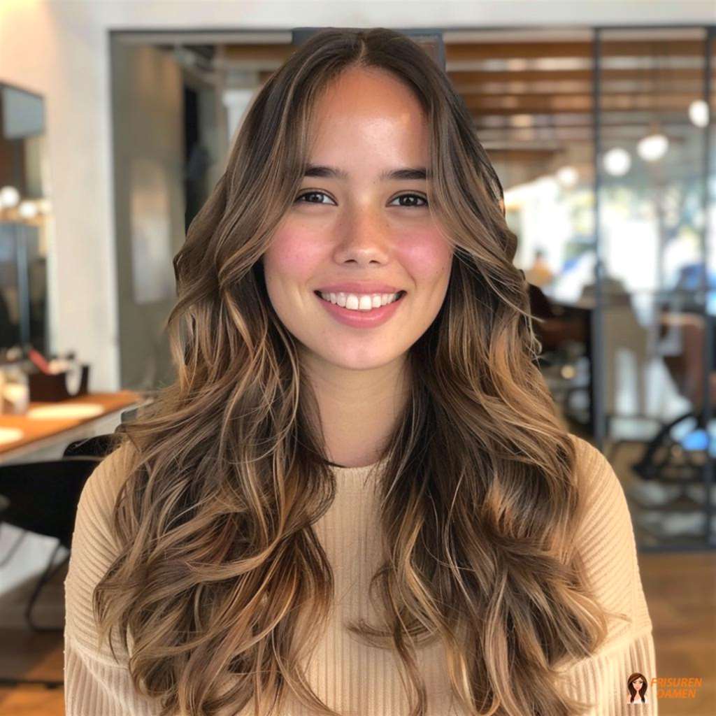 Braune Haarfarbe für Frauen mit langen Wellen, Mittelscheitel und elegantem, seidigem Glanz