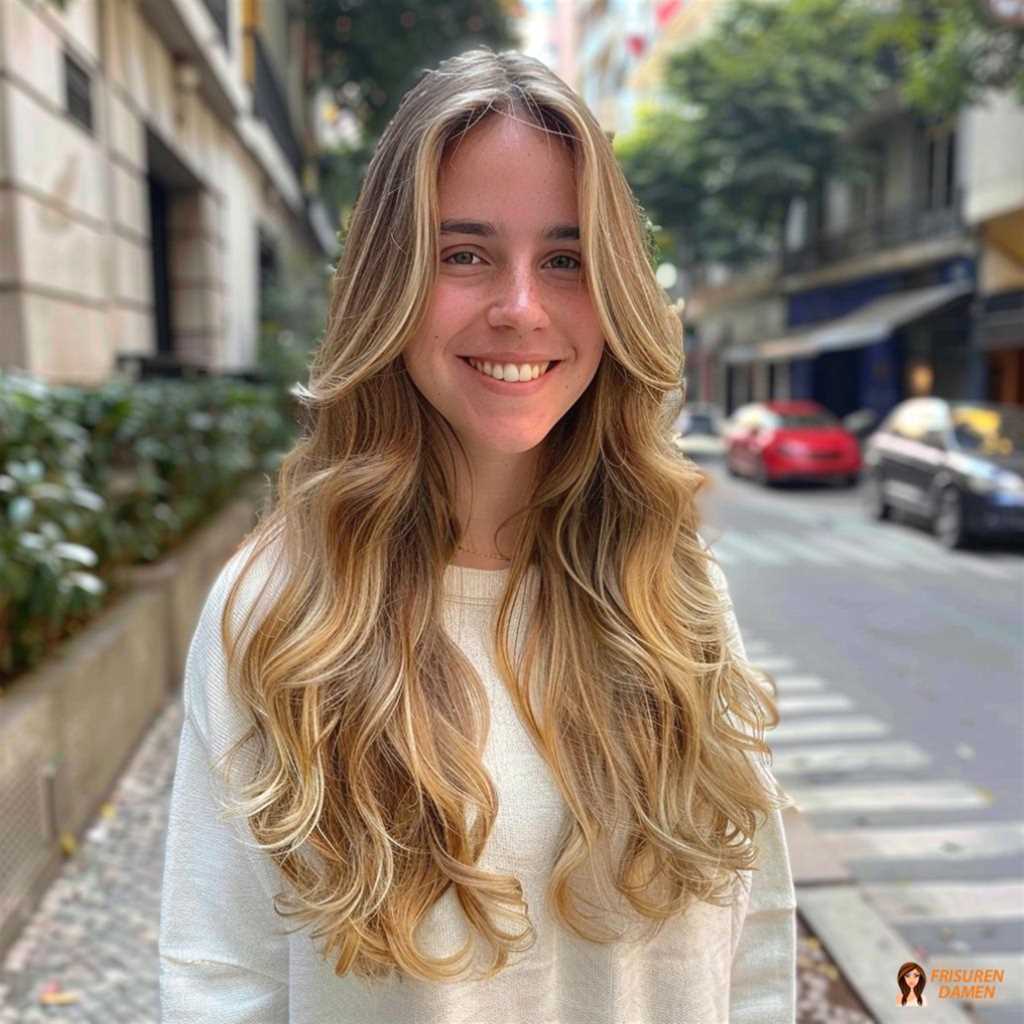 Lange, wellige Locken mit Mittelscheitel – ein zeitlos femininer Look für Damen
