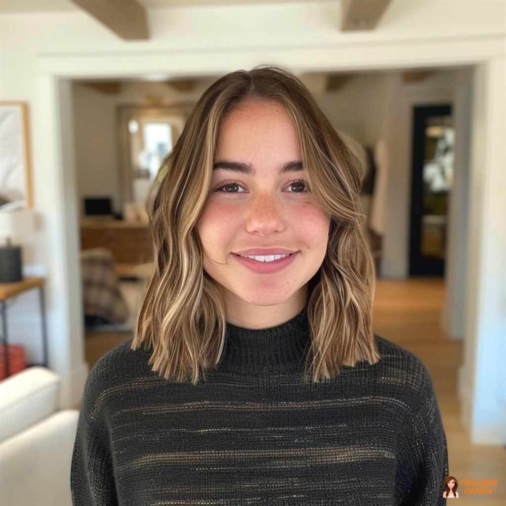 Braune Haarfarbe für Frauen im langen Bob mit Mittelscheitel und edlem, ruhigem Finish