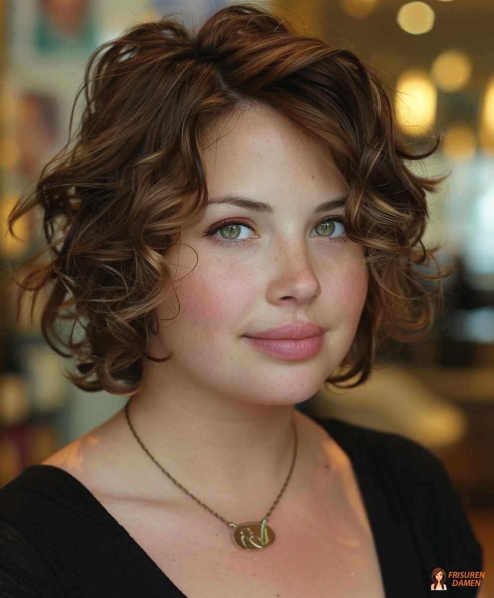 Kurzhaarfrisur mit Locken und Volumen am Oberkopf für rundes Gesicht