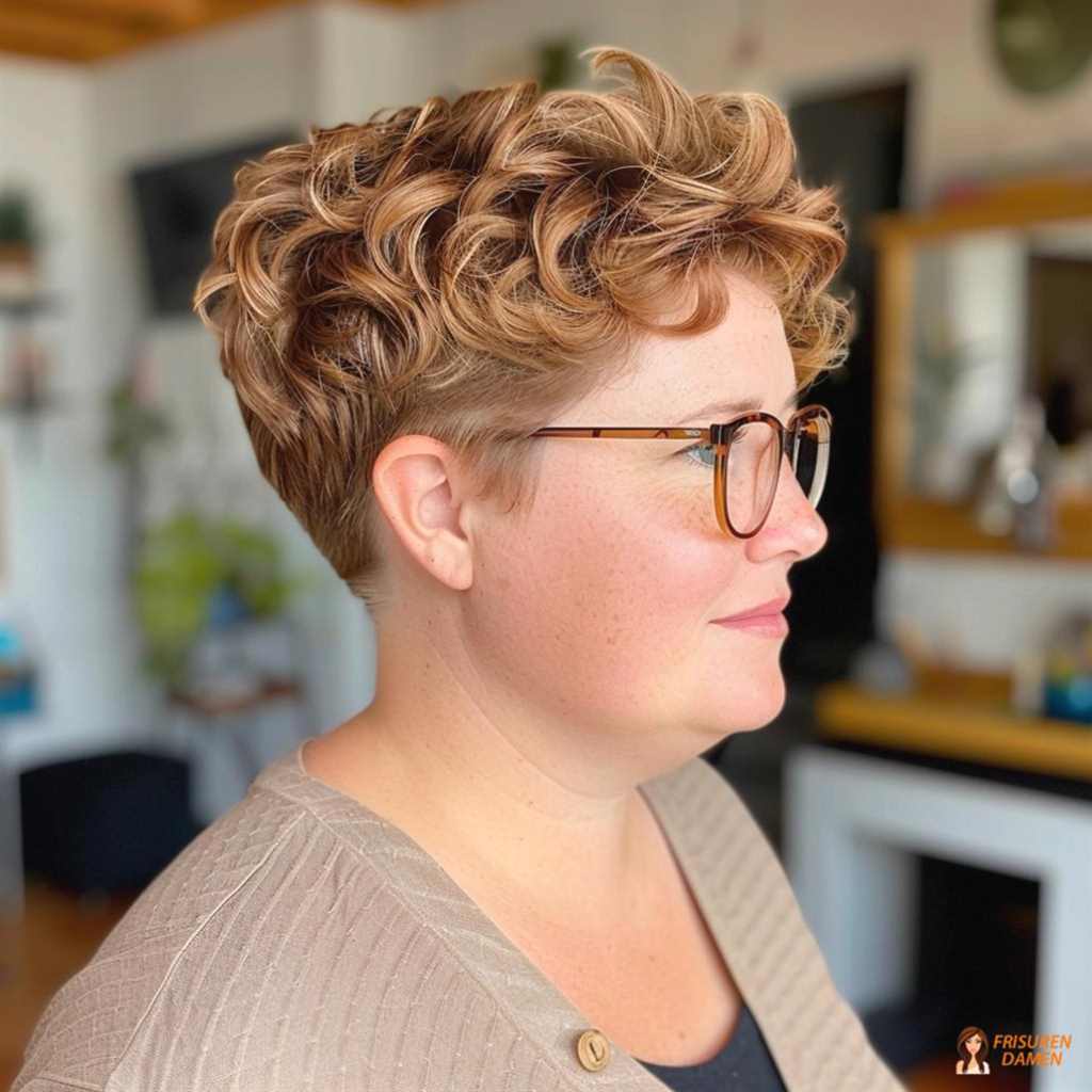 Lockige Pixie-Frisur für mollige Frauen, jugendliche Wirkung und weiche Textur