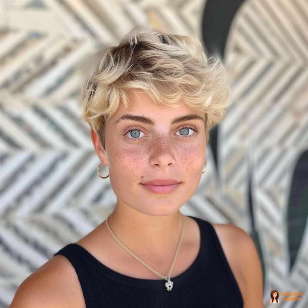Lockiger blonder Pixie Cut mit natürlichem Volumen