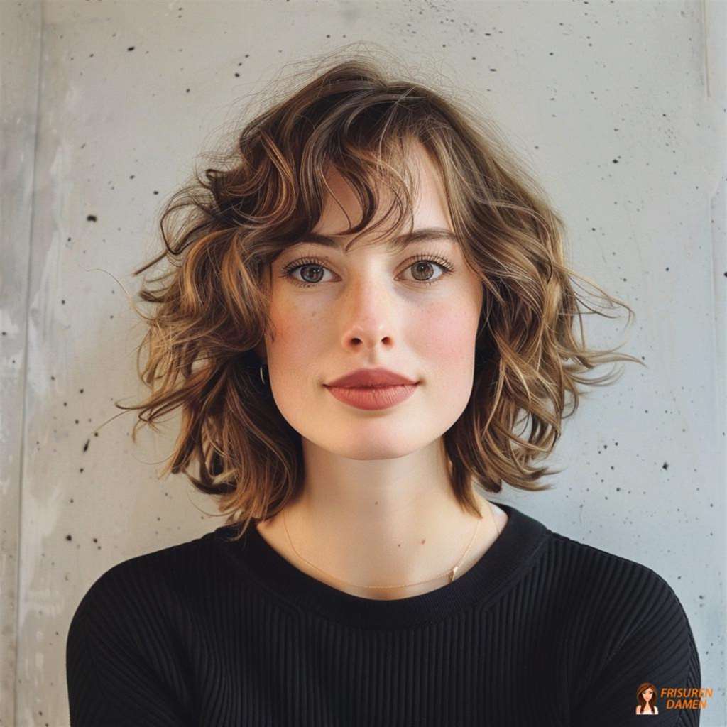 Lockiger Bob mit weichem Pony für Frauen, voluminös und modern