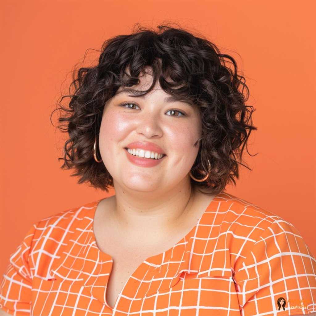 Lockiger Short-Bob für mollige Frauen, verspielte Optik und weicher Rahmen