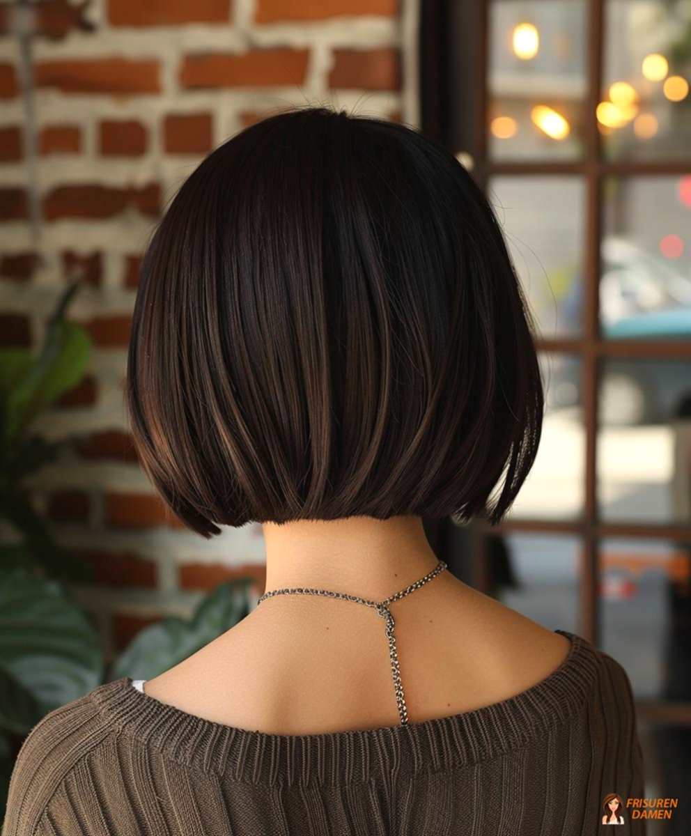 Minimalistischer schwarzer Bob für Frauen mit glänzender, cleaner Rückenansicht