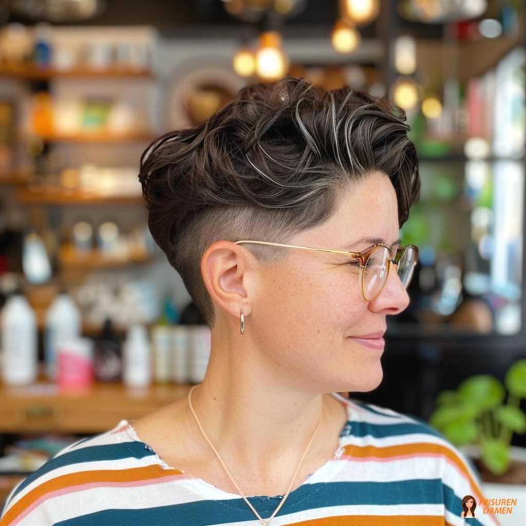 Grauer Undercut für Frauen mit minimalistischem Styling und glänzender Oberfläche
