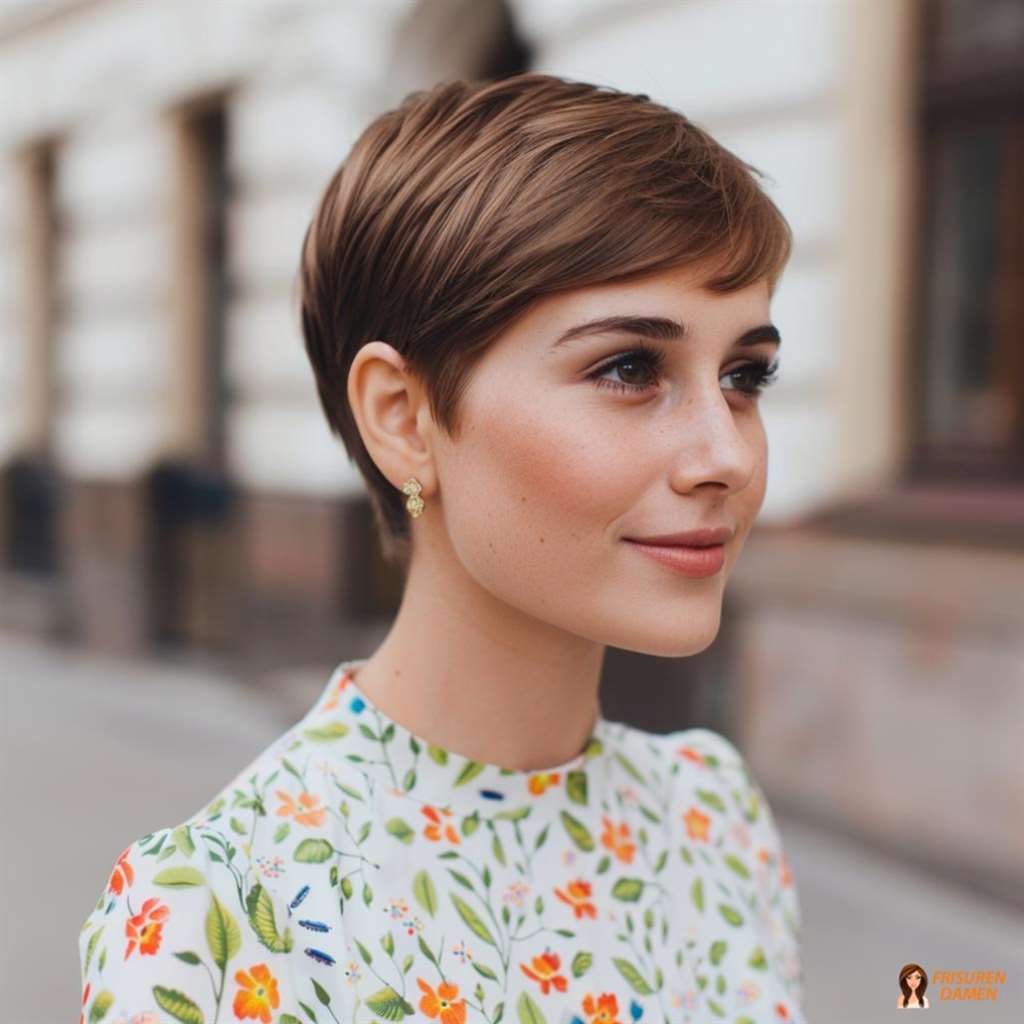 Modern und chic gestylter Pixie-Schnitt für Damen mit klarer Kontur