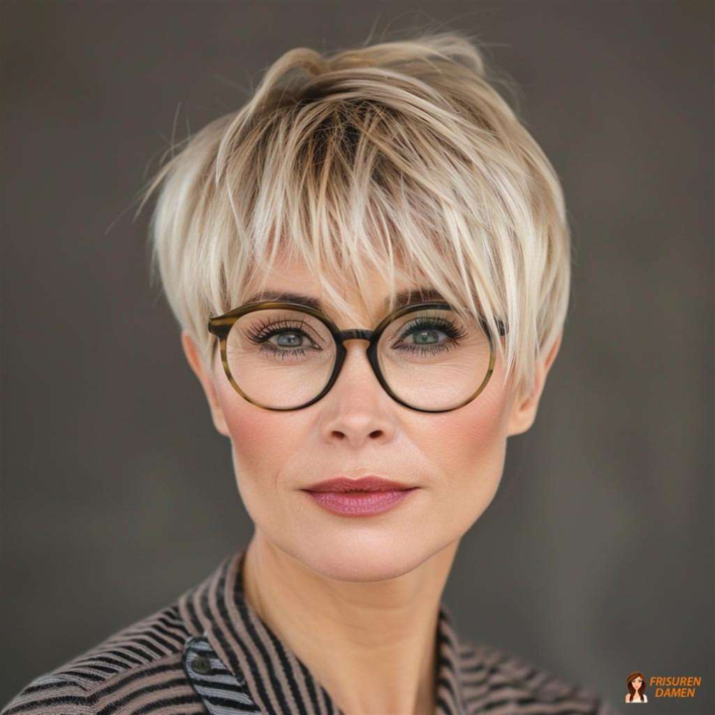 Klassisch-moderner Kurzschnitt für Frauen ab 60 mit Brille und sanfter Form