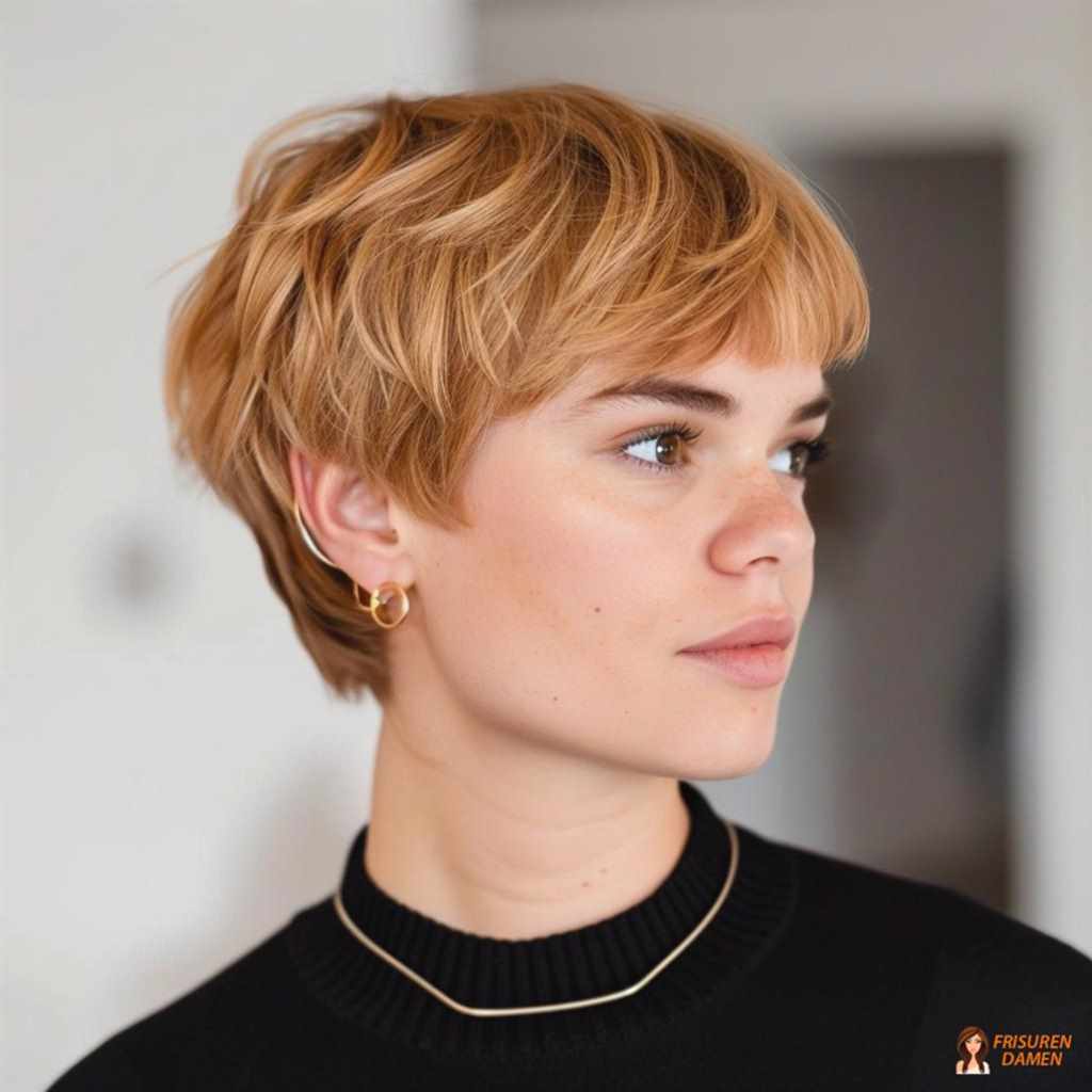 Moderne Kurzhaarfrisur mit goldblonden Akzenten für Wärme, Tiefe und weiche Konturen