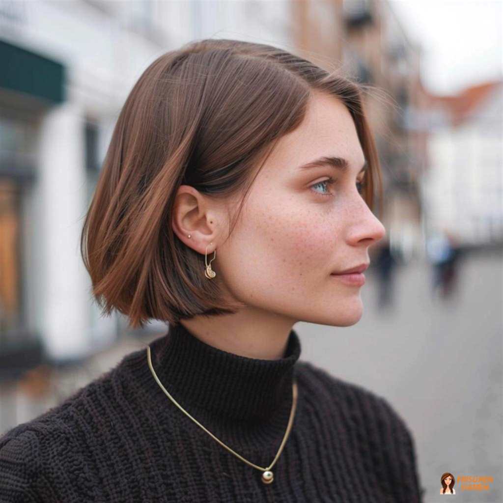 Moderner Kurz-Bob mit Seitenscheitel für Frauen, frischer Look mit klarer Kontur und Style-Effekt