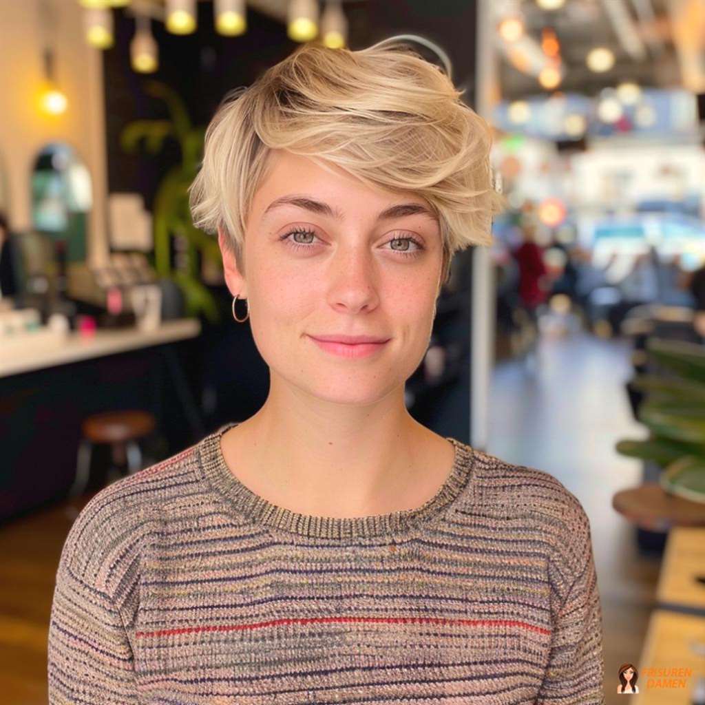 Moderner Kurzhaarschnitt für Damen, platinblonde Wellen und Stufen