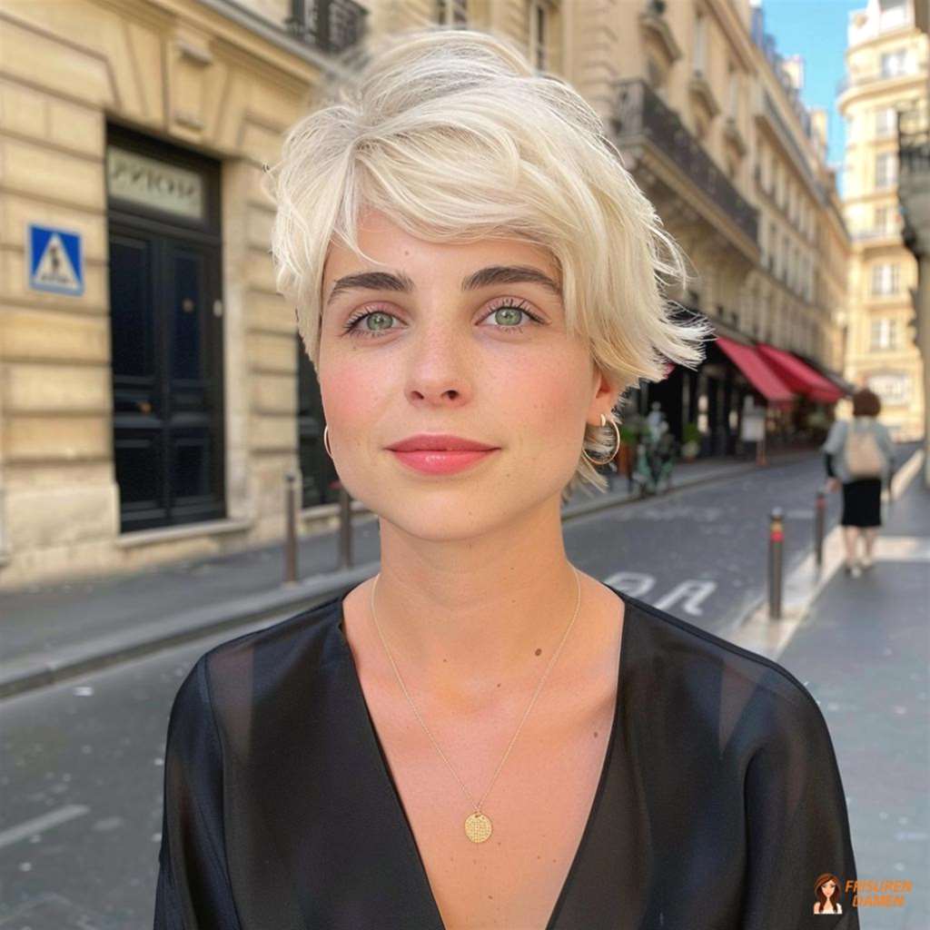 Kurzhaarschnitt mit seitlichem Schwung für Frauen mit weich schmeichelnder Wirkung
