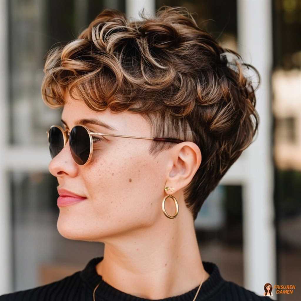 Braune Haarfarbe für Frauen im lockigen Pixie Cut mit Struktur, Volumen und modernem Effekt