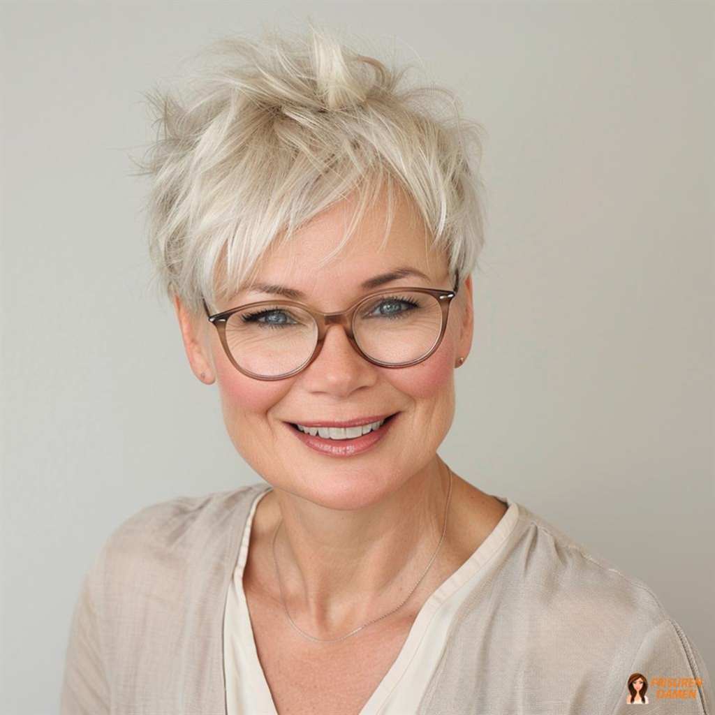 Moderner Pixie-Schnitt für Frauen ab 60 ohne Brille mit leichter Textur